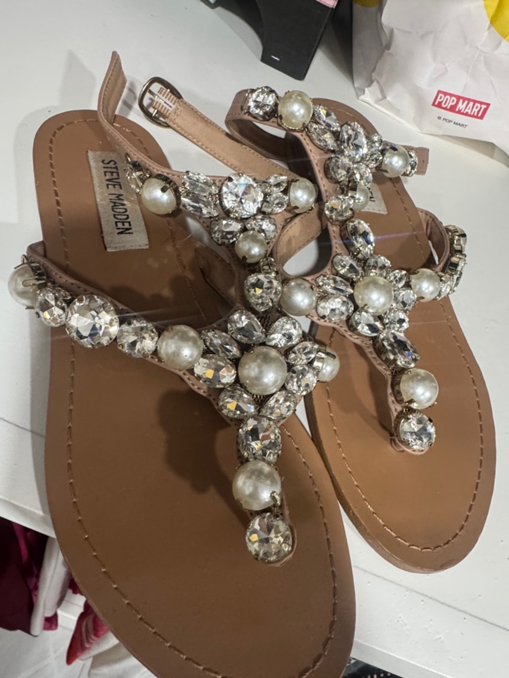 Steve Madden Blush T-Strap Sandals with Pearl & Crystal Accents